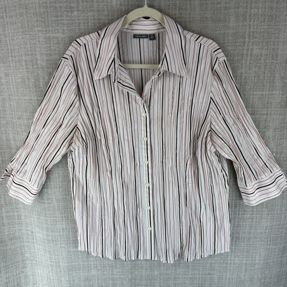 Apt.9 Blouse Womens 1X White Tunic Collared 3/4 Sleeve Striped Stretch